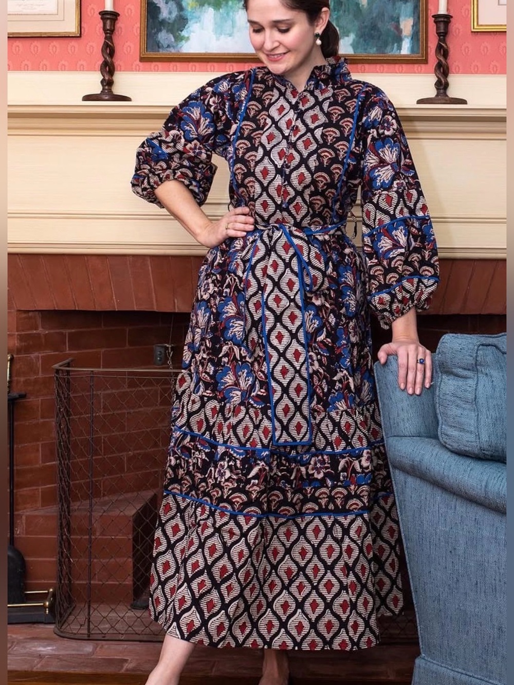 Sue Sartor Flounce Dress hand Block Print Midi Size XL